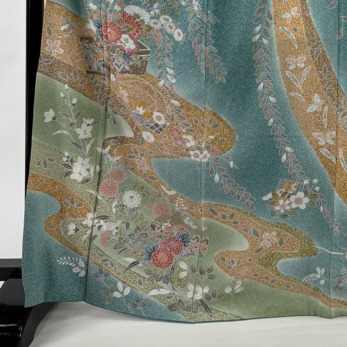 【美品】訪問服 身長167.5cm 袖長68cm L 雙層 花器 桧扇子 金銀彩 漸層 青綠 純蠶絲 名品級