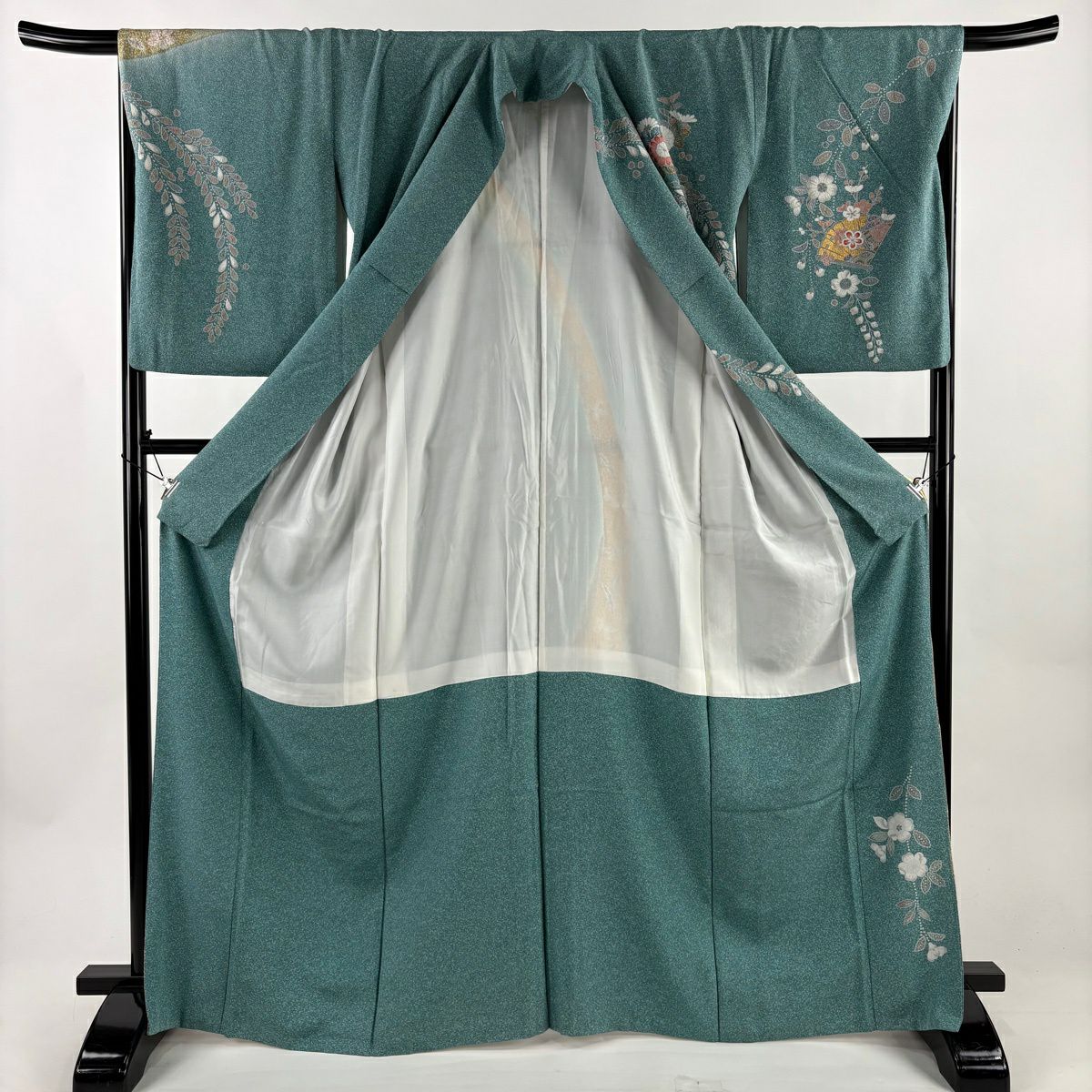 【美品】訪問服 身長167.5cm 袖長68cm L 雙層 花器 桧扇子 金銀彩 漸層 青綠 純蠶絲 名品級