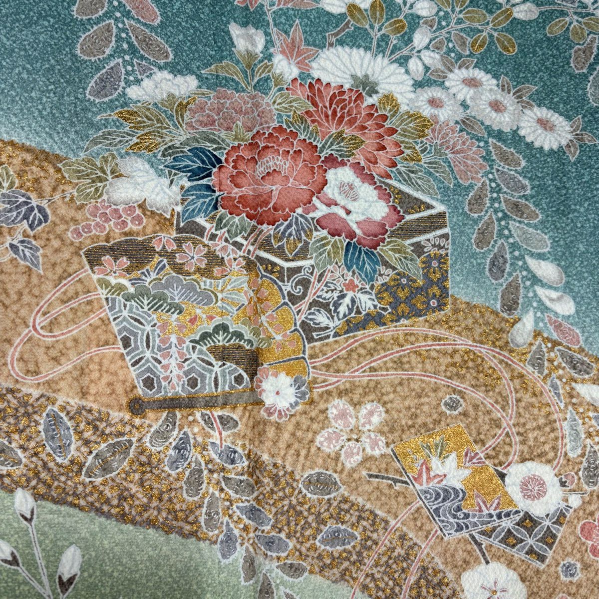 【美品】訪問服 身長167.5cm 袖長68cm L 雙層 花器 桧扇子 金銀彩 漸層 青綠 純蠶絲 名品級