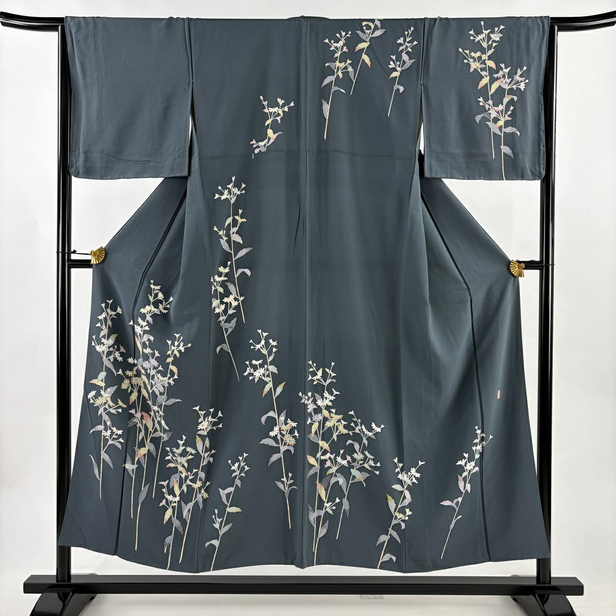 【美品】訪問服 身長153cm 袖長66cm M 雙層 阿部佳雪 落款あり 草花紋紋 灰色 純蠶絲 名品級
