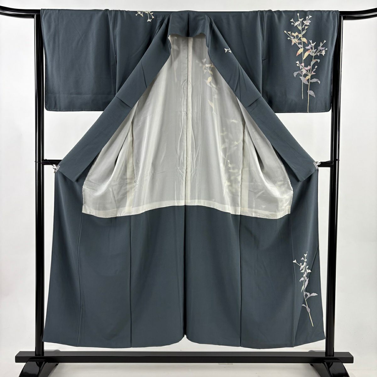 【美品】訪問服 身長153cm 袖長66cm M 雙層 阿部佳雪 落款あり 草花紋紋 灰色 純蠶絲 名品級