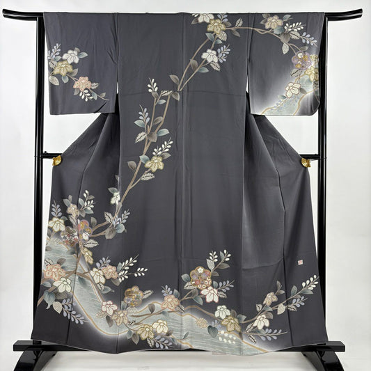訪問服 身長157.5cm 袖長65cm M 雙層 落款あり 枝花 金彩裝飾 漸層 灰色 純蠶絲 名品級