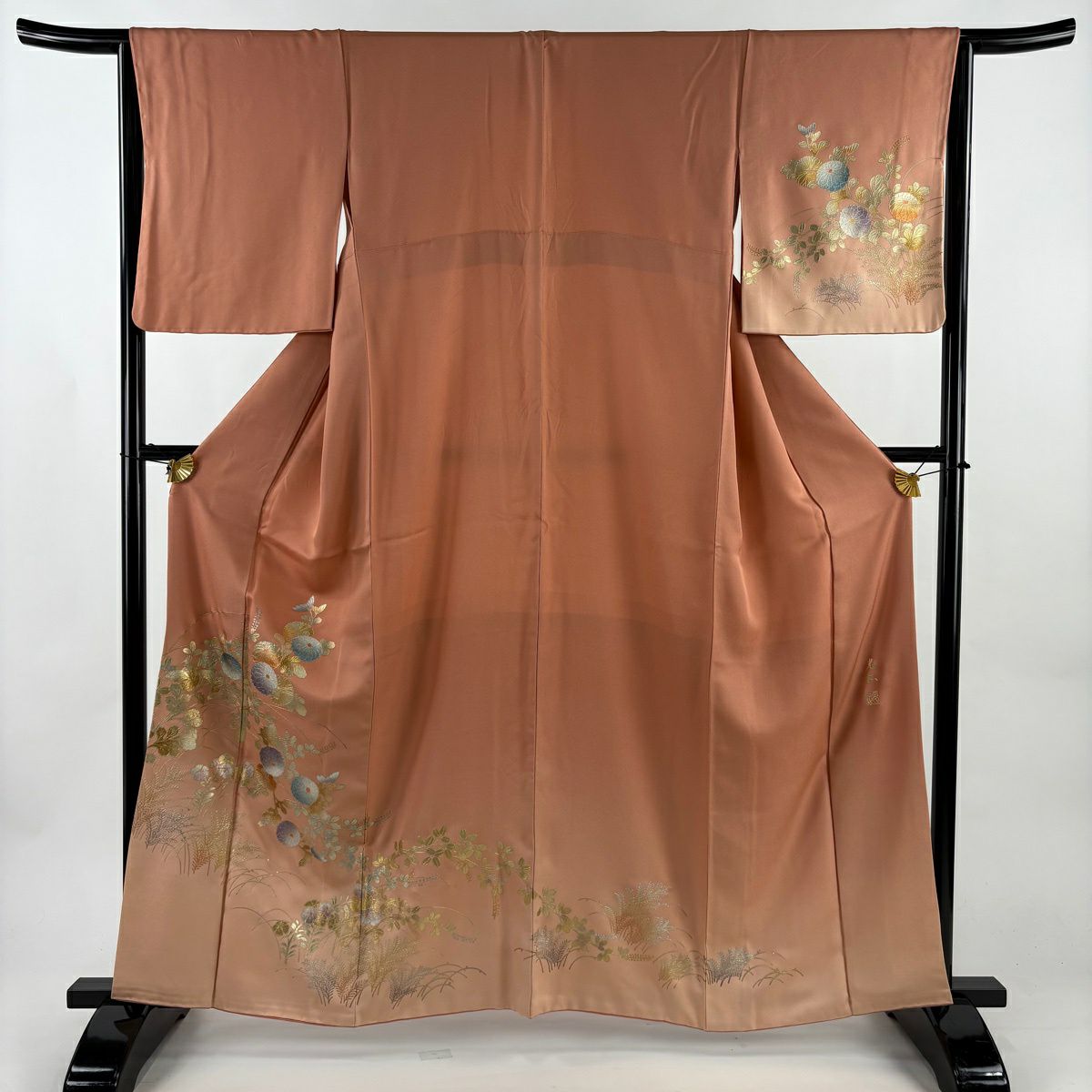 【美品】 付下 身長161cm 袖長64.5cm M 雙層 和田光正 落款 菊花花 萩花 金銀彩 粉紅 純蠶絲 名品級