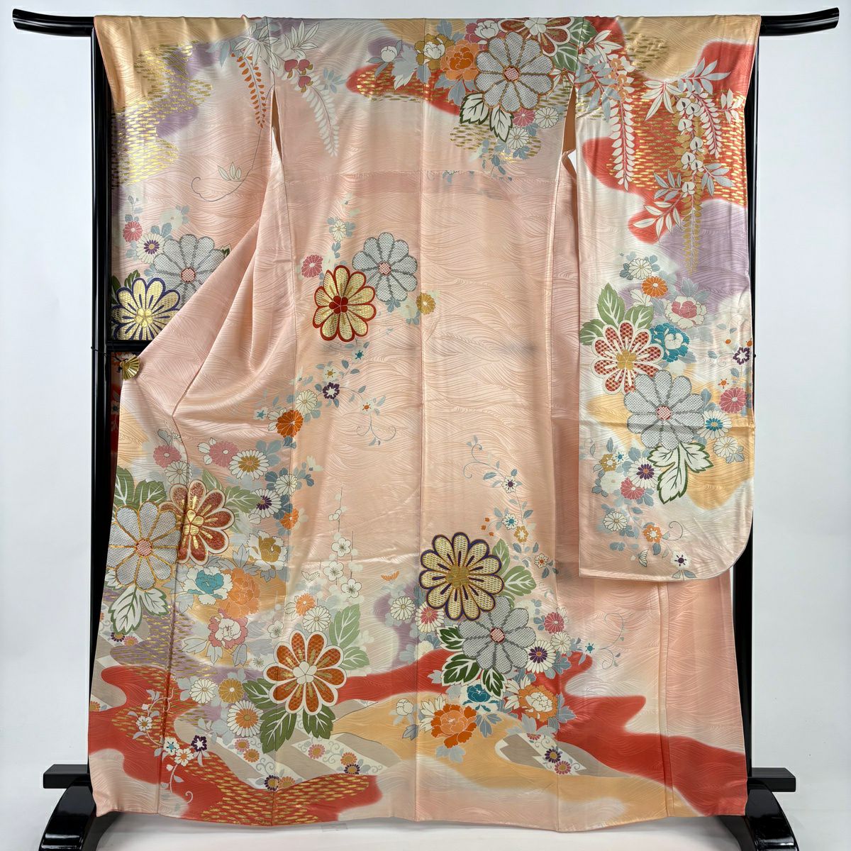 振袖禮服 身長167cm 袖長66cm M 雙層 菊花 牡丹 金絲 金銀彩 粉紅 純蠶絲 名品級