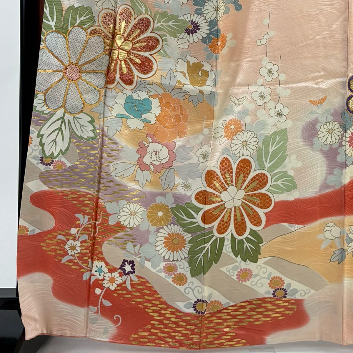 振袖禮服 身長167cm 袖長66cm M 雙層 菊花 牡丹 金絲 金銀彩 粉紅 純蠶絲 名品級