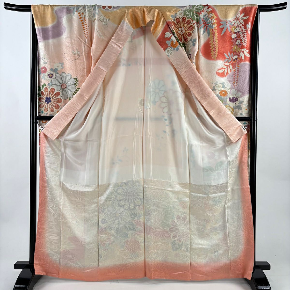 振袖禮服 身長167cm 袖長66cm M 雙層 菊花 牡丹 金絲 金銀彩 粉紅 純蠶絲 名品級