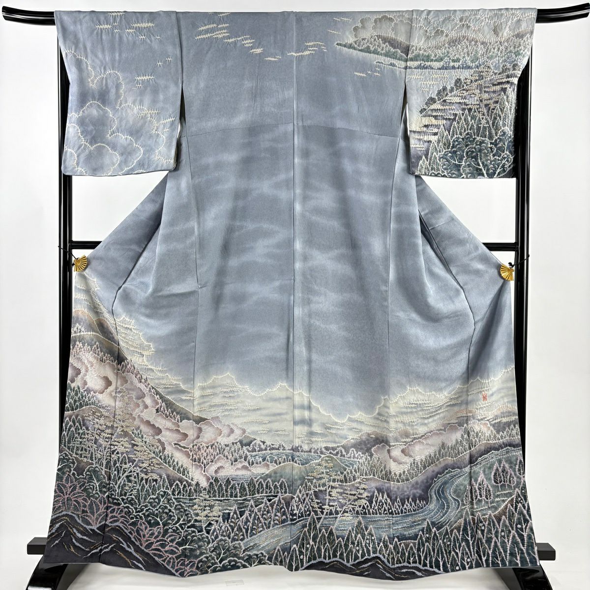 訪問服 身長163.5cm 袖長67.5cm L 雙層 翠山工房 落款あり 風景 樹木 金銀彩 絞染 青灰色 純蠶絲 名品級