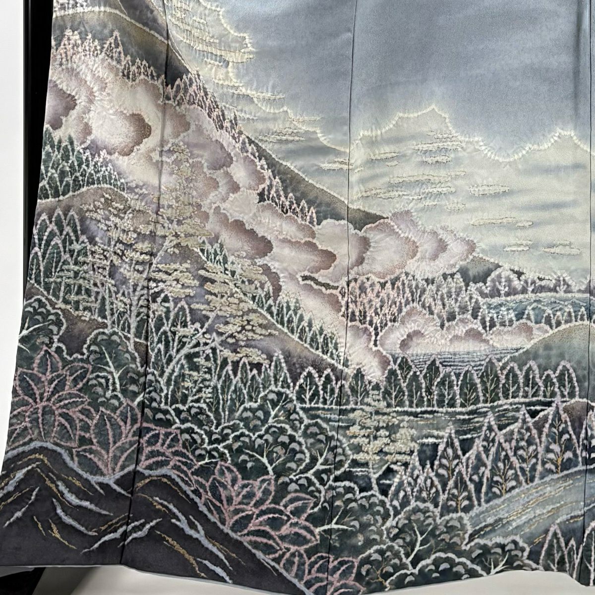 訪問服 身長163.5cm 袖長67.5cm L 雙層 翠山工房 落款あり 風景 樹木 金銀彩 絞染 青灰色 純蠶絲 名品級