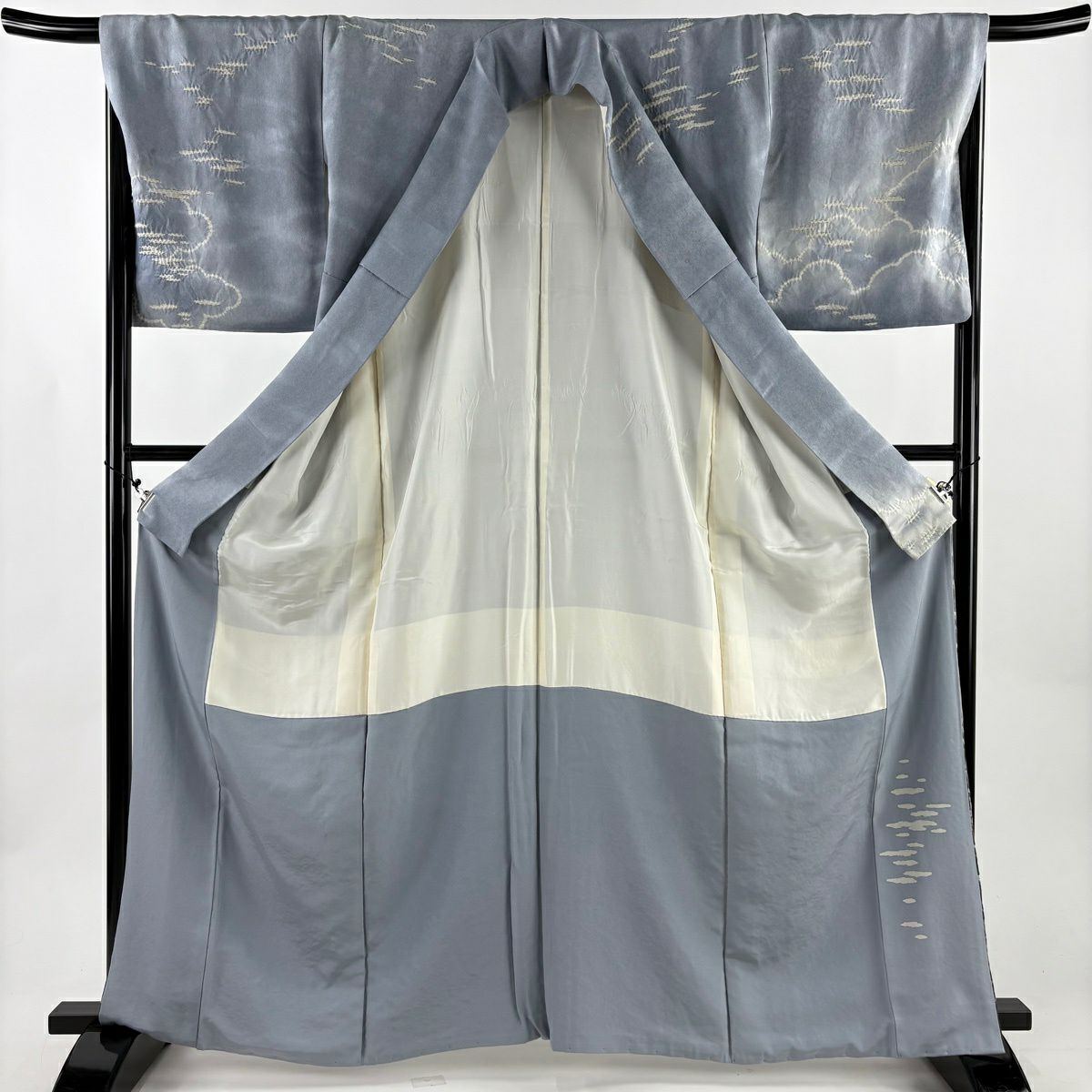 訪問服 身長163.5cm 袖長67.5cm L 雙層 翠山工房 落款あり 風景 樹木 金銀彩 絞染 青灰色 純蠶絲 名品級