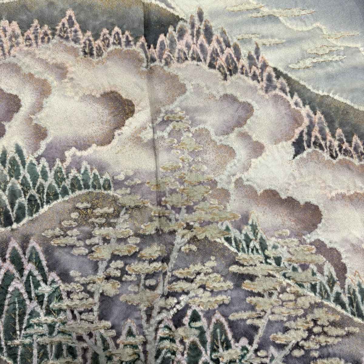 訪問服 身長163.5cm 袖長67.5cm L 雙層 翠山工房 落款あり 風景 樹木 金銀彩 絞染 青灰色 純蠶絲 名品級