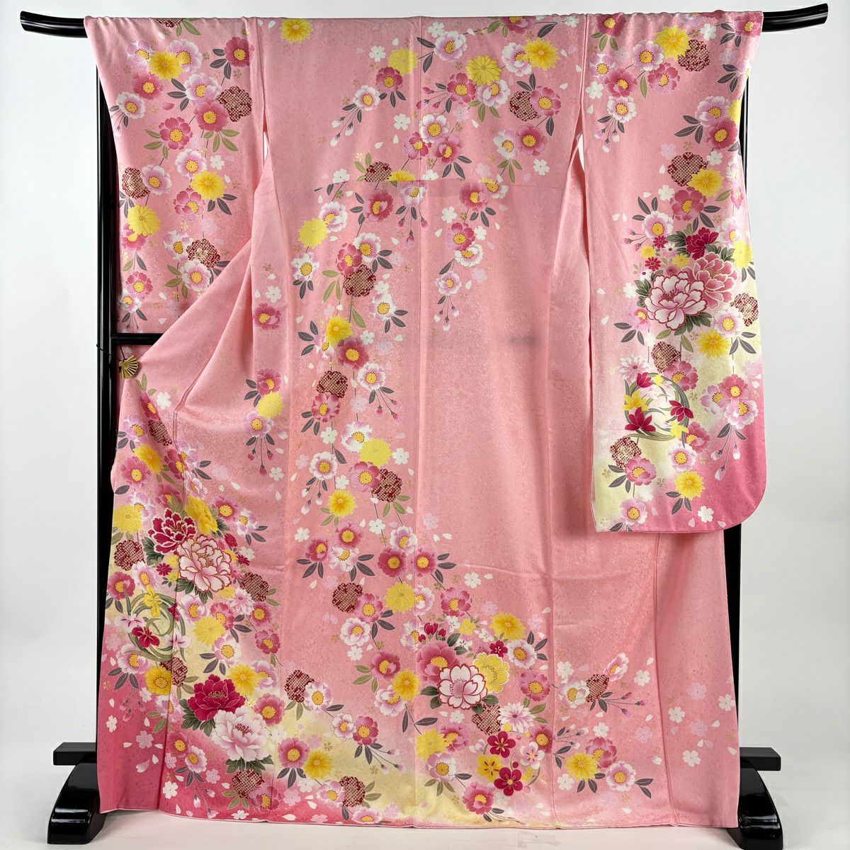 振袖禮服 身長172.5cm 袖長69cm L 雙層 牡丹 櫻花 金金箔 粉紅 純蠶絲 名品級