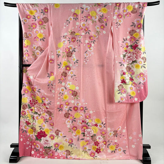 振袖禮服 身長172.5cm 袖長69cm L 雙層 牡丹 櫻花 金金箔 粉紅 純蠶絲 名品級