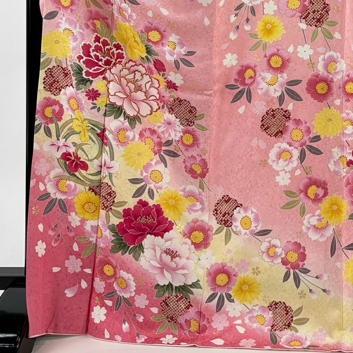 振袖禮服 身長172.5cm 袖長69cm L 雙層 牡丹 櫻花 金金箔 粉紅 純蠶絲 名品級