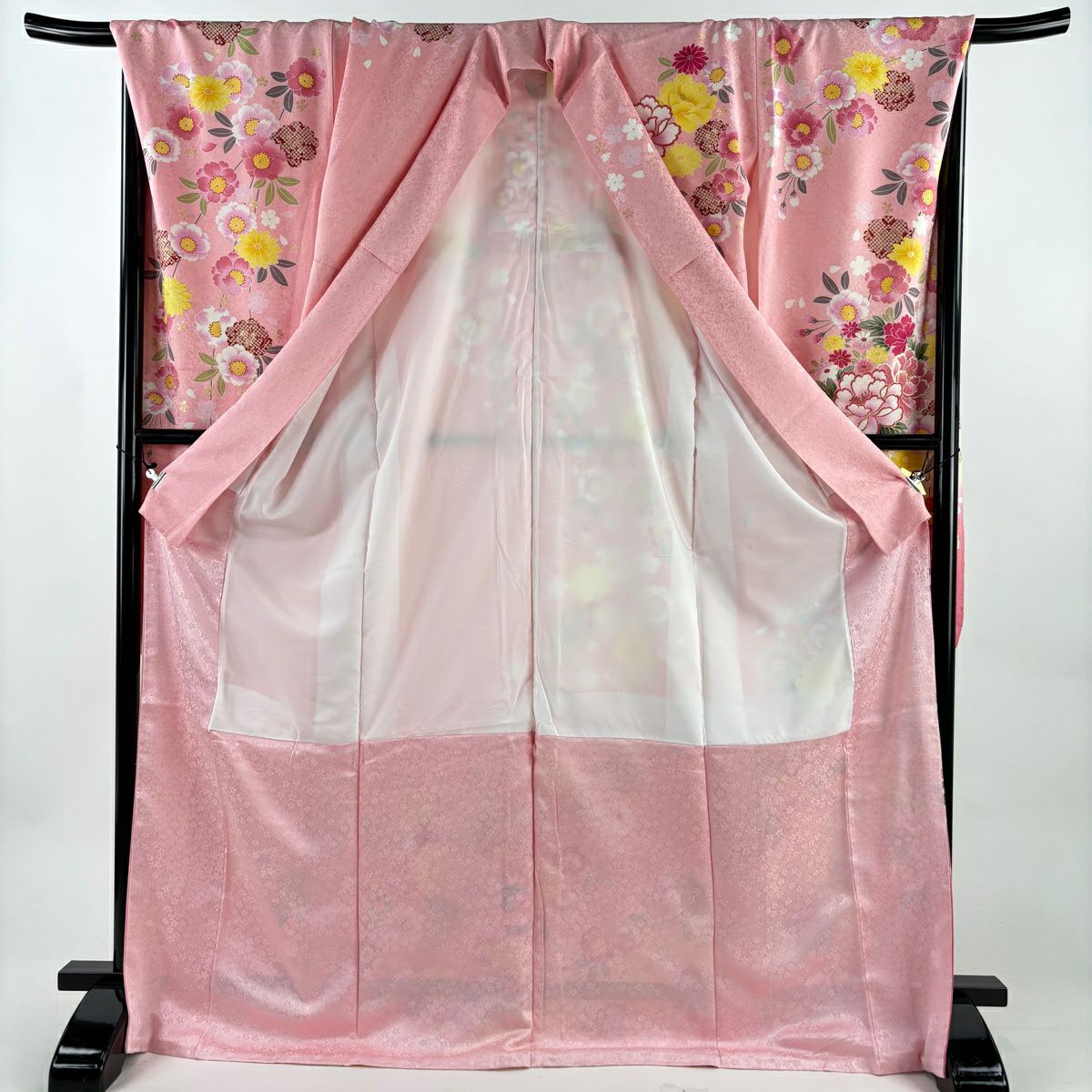 振袖禮服 身長172.5cm 袖長69cm L 雙層 牡丹 櫻花 金金箔 粉紅 純蠶絲 名品級