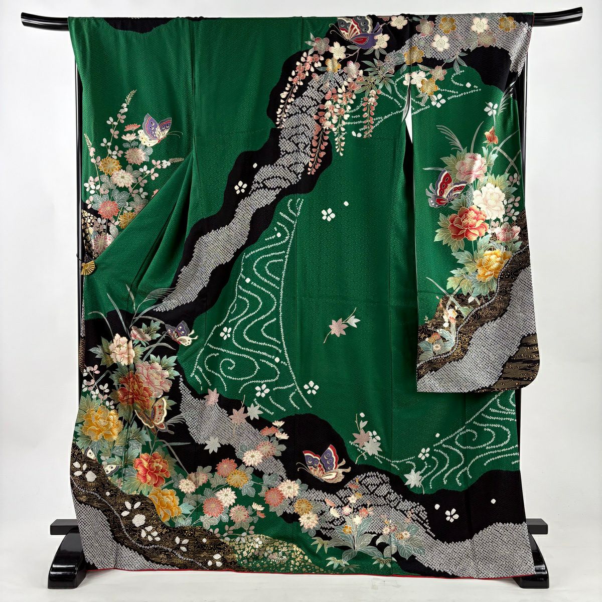振袖禮服 身長171.5cm 袖長70cm L 雙層 蝶 牡丹 金銀彩 絞染 綠 純蠶絲 名品級