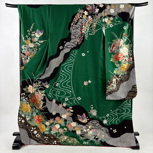 振袖禮服 身長171.5cm 袖長70cm L 雙層 蝶 牡丹 金銀彩 絞染 綠 純蠶絲 名品級