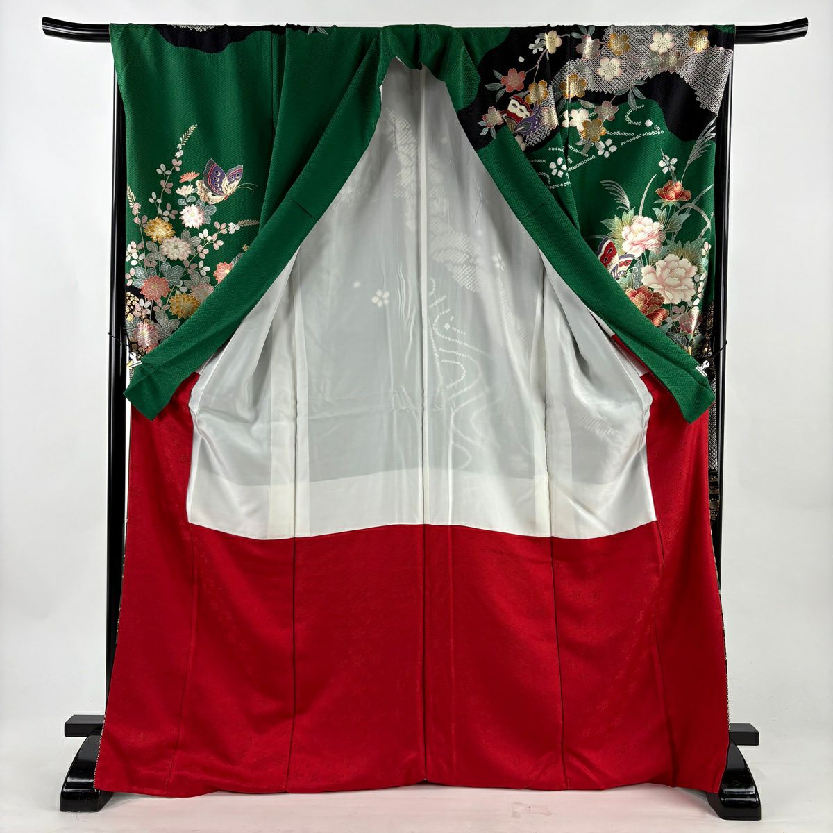 振袖禮服 身長171.5cm 袖長70cm L 雙層 蝶 牡丹 金銀彩 絞染 綠 純蠶絲 名品級