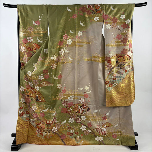 振袖禮服 身長171cm 袖長68cm L 雙層 扇子梅花 金絲 金銀彩 蓬萊綠 純蠶絲 名品級