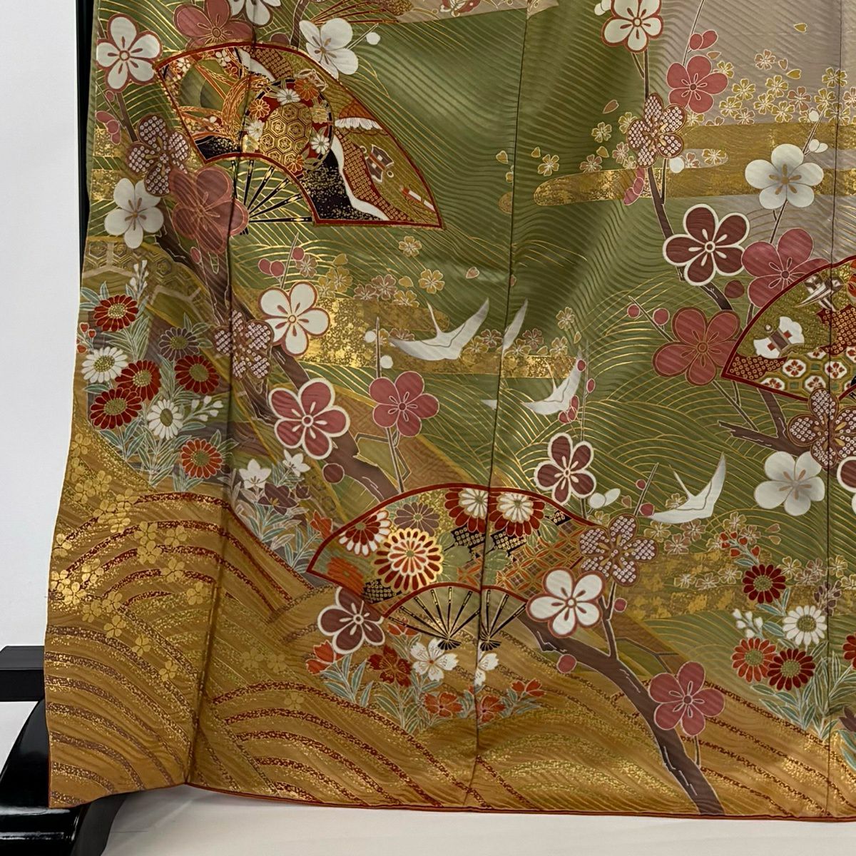 振袖禮服 身長171cm 袖長68cm L 雙層 扇子梅花 金絲 金銀彩 蓬萊綠 純蠶絲 名品級