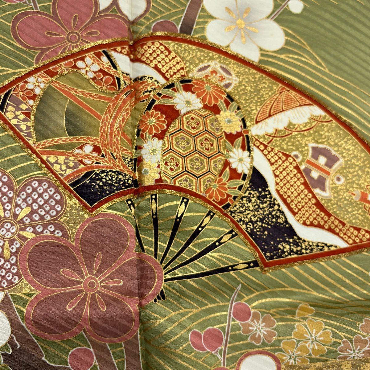 振袖禮服 身長171cm 袖長68cm L 雙層 扇子梅花 金絲 金銀彩 蓬萊綠 純蠶絲 名品級
