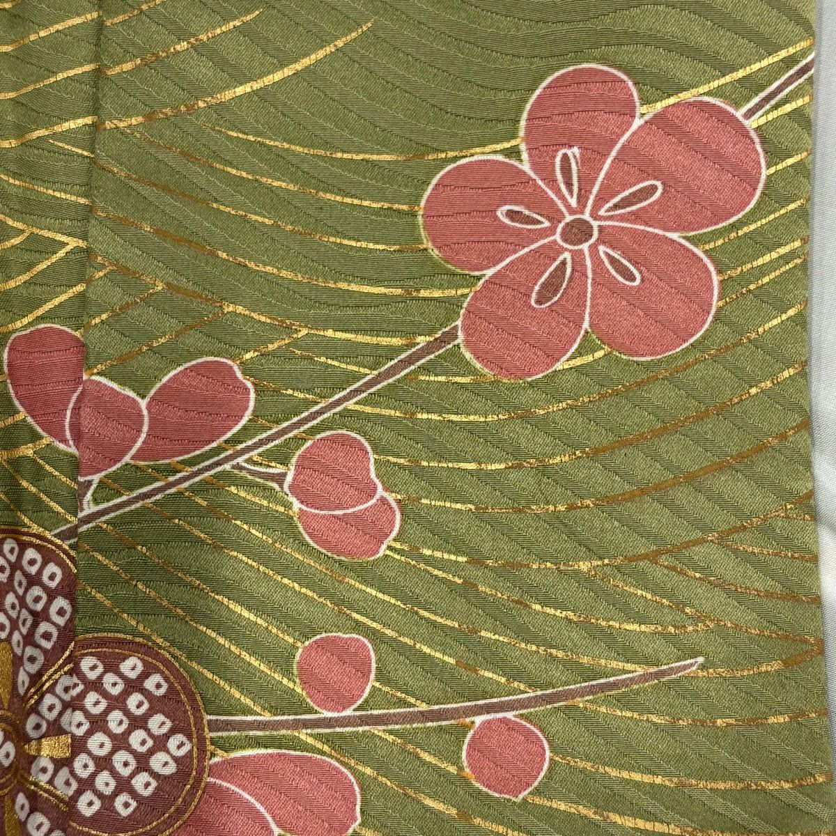 振袖禮服 身長171cm 袖長68cm L 雙層 扇子梅花 金絲 金銀彩 蓬萊綠 純蠶絲 名品級