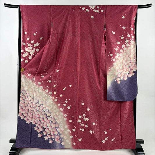 振袖禮服 身長168cm 袖長65cm M 雙層 櫻花花瓣 銀彩 深粉紅 純蠶絲 名品級
