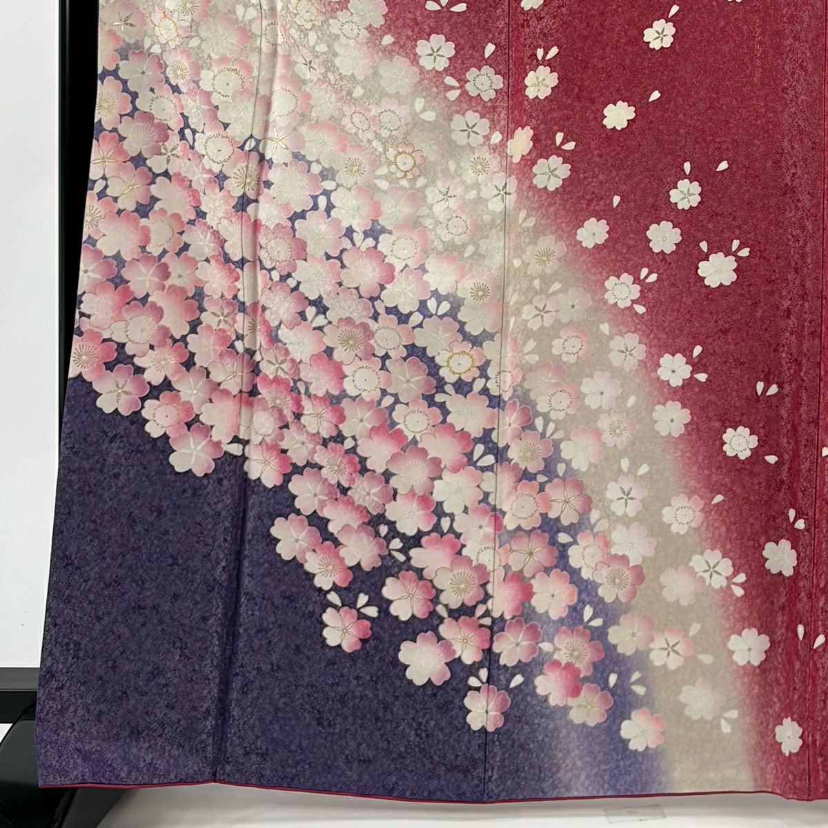 振袖禮服 身長168cm 袖長65cm M 雙層 櫻花花瓣 銀彩 深粉紅 純蠶絲 名品級
