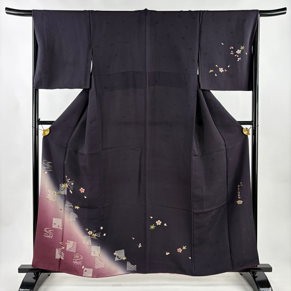 【美品】 付下 身長158.5cm 袖長66cm M 雙層 坂東三津五郎 やまと 有落款 櫻花 流水 染分 金銀彩 深紫 純蠶絲 名品級