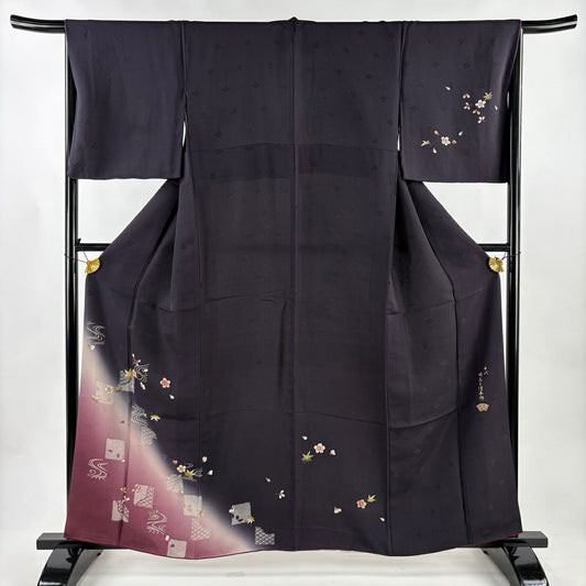 【美品】 付下 身長158.5cm 袖長66cm M 雙層 坂東三津五郎 やまと 有落款 櫻花 流水 染分 金銀彩 深紫 純蠶絲 名品級