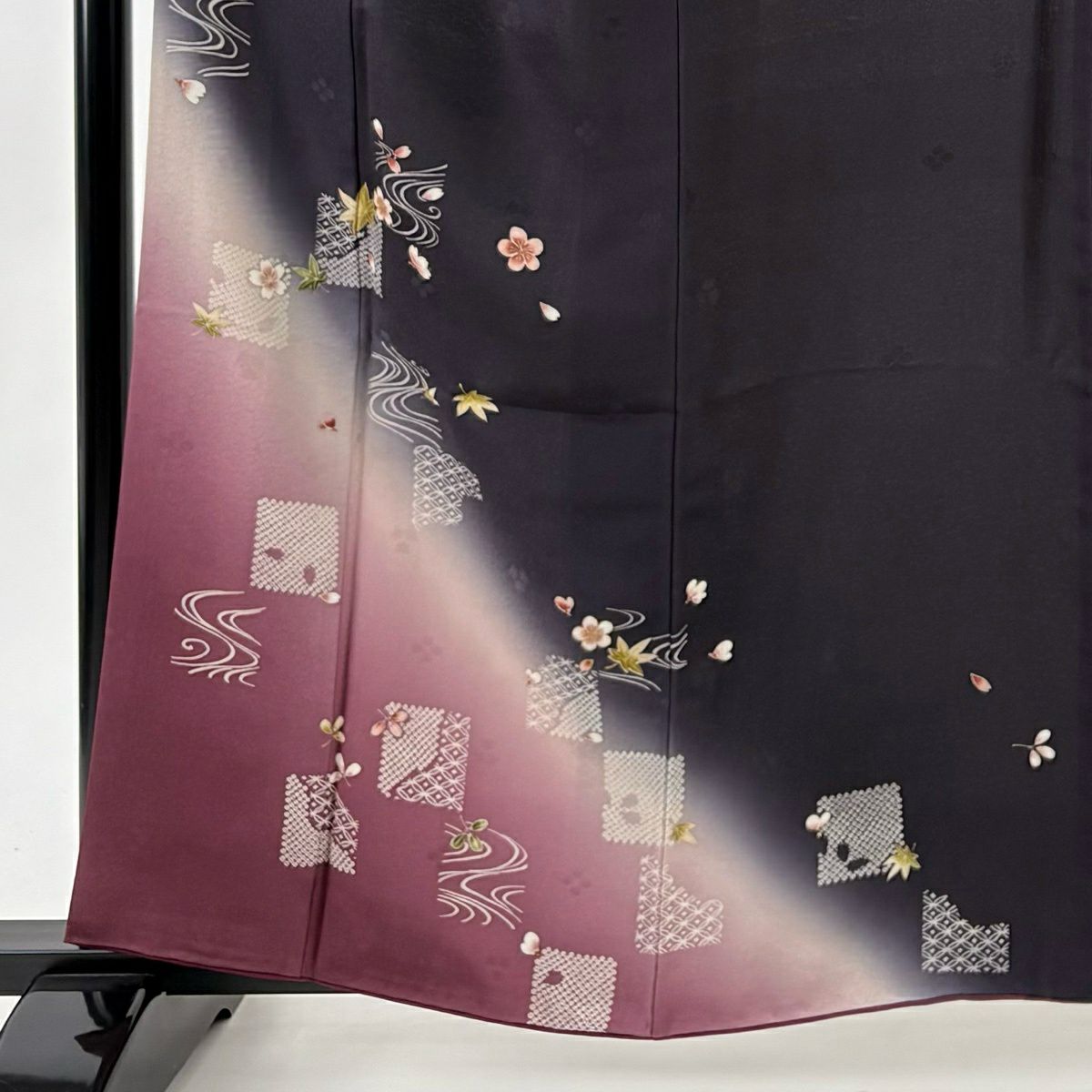 【美品】 付下 身長158.5cm 袖長66cm M 雙層 坂東三津五郎 やまと 有落款 櫻花 流水 染分 金銀彩 深紫 純蠶絲 名品級