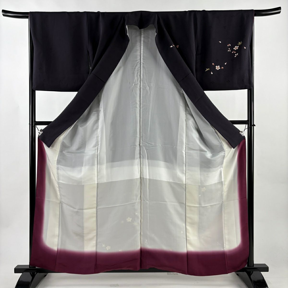 【美品】 付下 身長158.5cm 袖長66cm M 雙層 坂東三津五郎 やまと 有落款 櫻花 流水 染分 金銀彩 深紫 純蠶絲 名品級