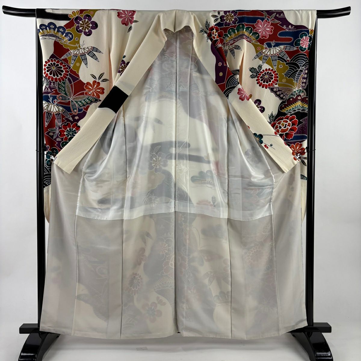 振袖禮服 身長162cm 袖長65.5cm M 雙層 松樹竹子梅花 染分 淡奶油色 純蠶絲 名品級