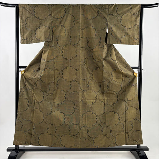 【美品】 大島紬織 身長158.5cm 袖長63.5cm S 雙層 雪輪 からし色 純蠶絲 名品級