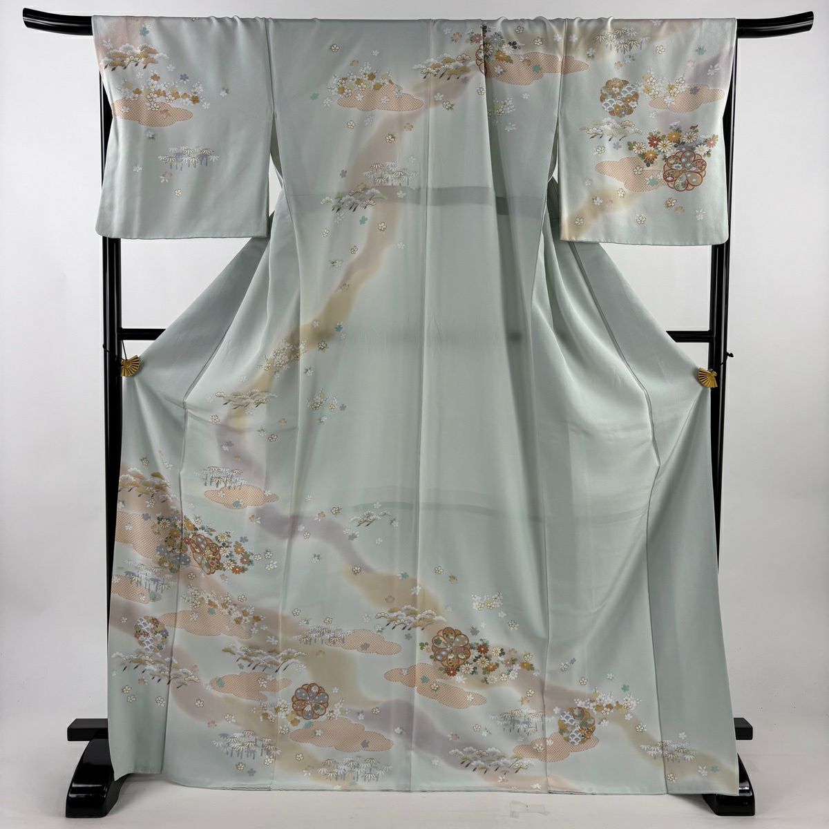【美品】訪問服 身長171.5cm 袖長61cm S 雙層 松樹竹子梅花 雲文 金絲 金銀彩 淺綠 純蠶絲 名品級