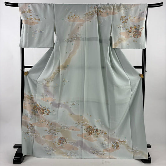 【美品】訪問服 身長171.5cm 袖長61cm S 雙層 松樹竹子梅花 雲文 金絲 金銀彩 淺綠 純蠶絲 名品級