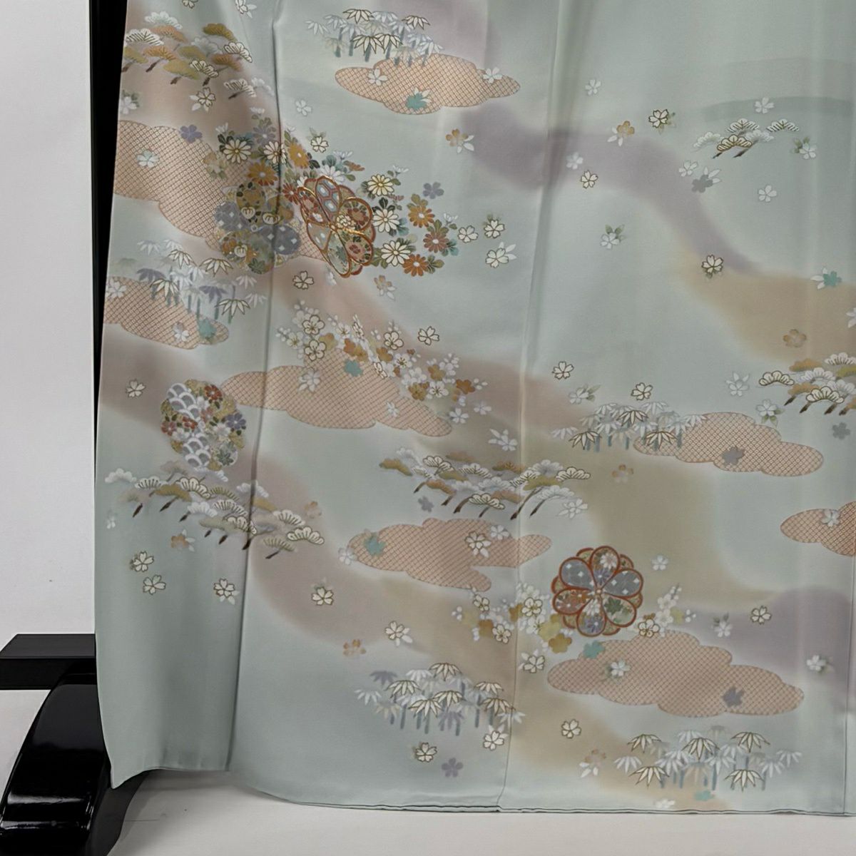 【美品】訪問服 身長171.5cm 袖長61cm S 雙層 松樹竹子梅花 雲文 金絲 金銀彩 淺綠 純蠶絲 名品級