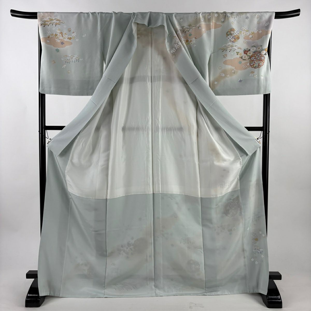 【美品】訪問服 身長171.5cm 袖長61cm S 雙層 松樹竹子梅花 雲文 金絲 金銀彩 淺綠 純蠶絲 名品級