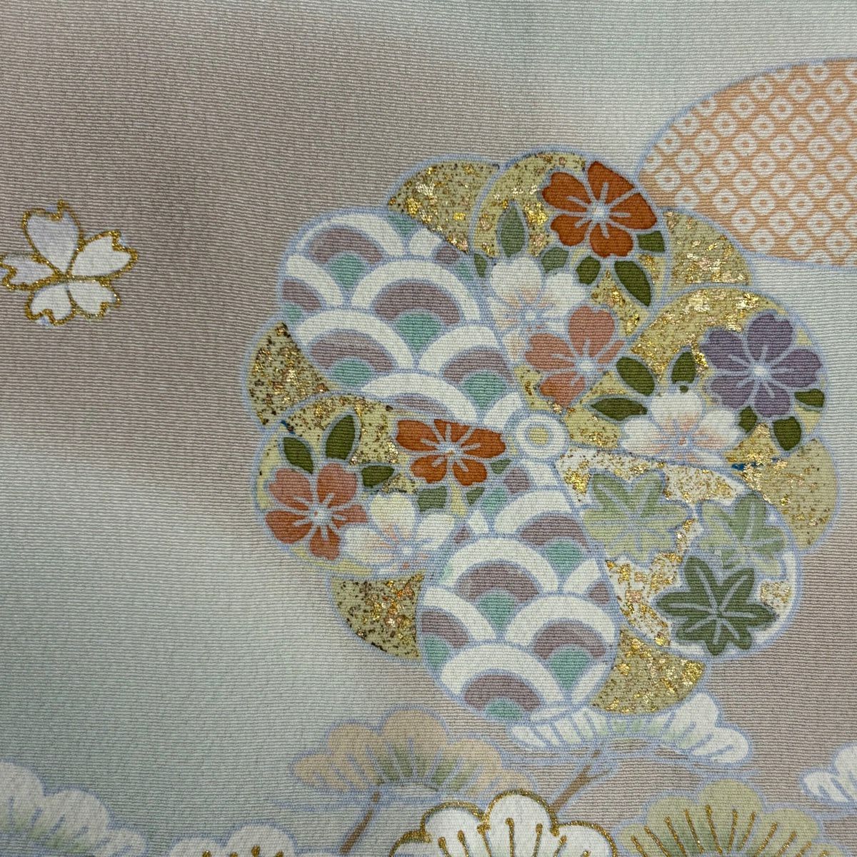 【美品】訪問服 身長171.5cm 袖長61cm S 雙層 松樹竹子梅花 雲文 金絲 金銀彩 淺綠 純蠶絲 名品級
