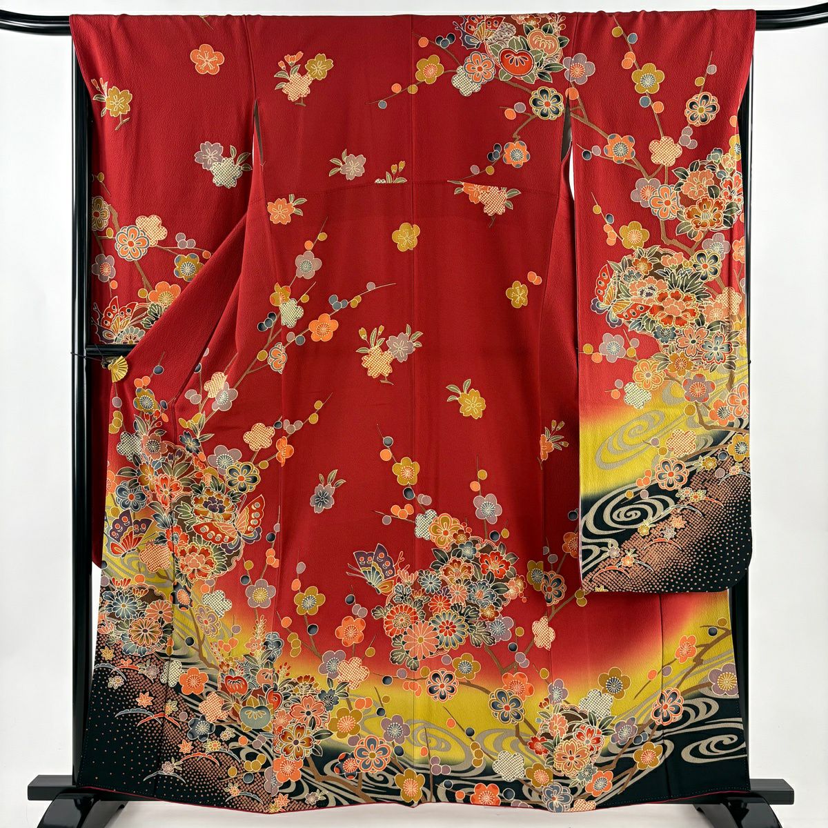 【美品】振袖禮服 身長161cm 袖長67cm M 雙層 枝梅花 蝶朵 漸層 絞織 朱 純蠶絲 名品級