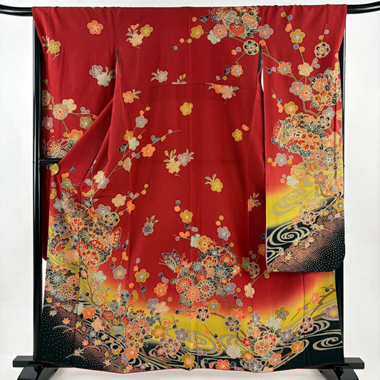 【美品】振袖禮服 身長161cm 袖長67cm M 雙層 枝梅花 蝶朵 漸層 絞織 朱 純蠶絲 名品級