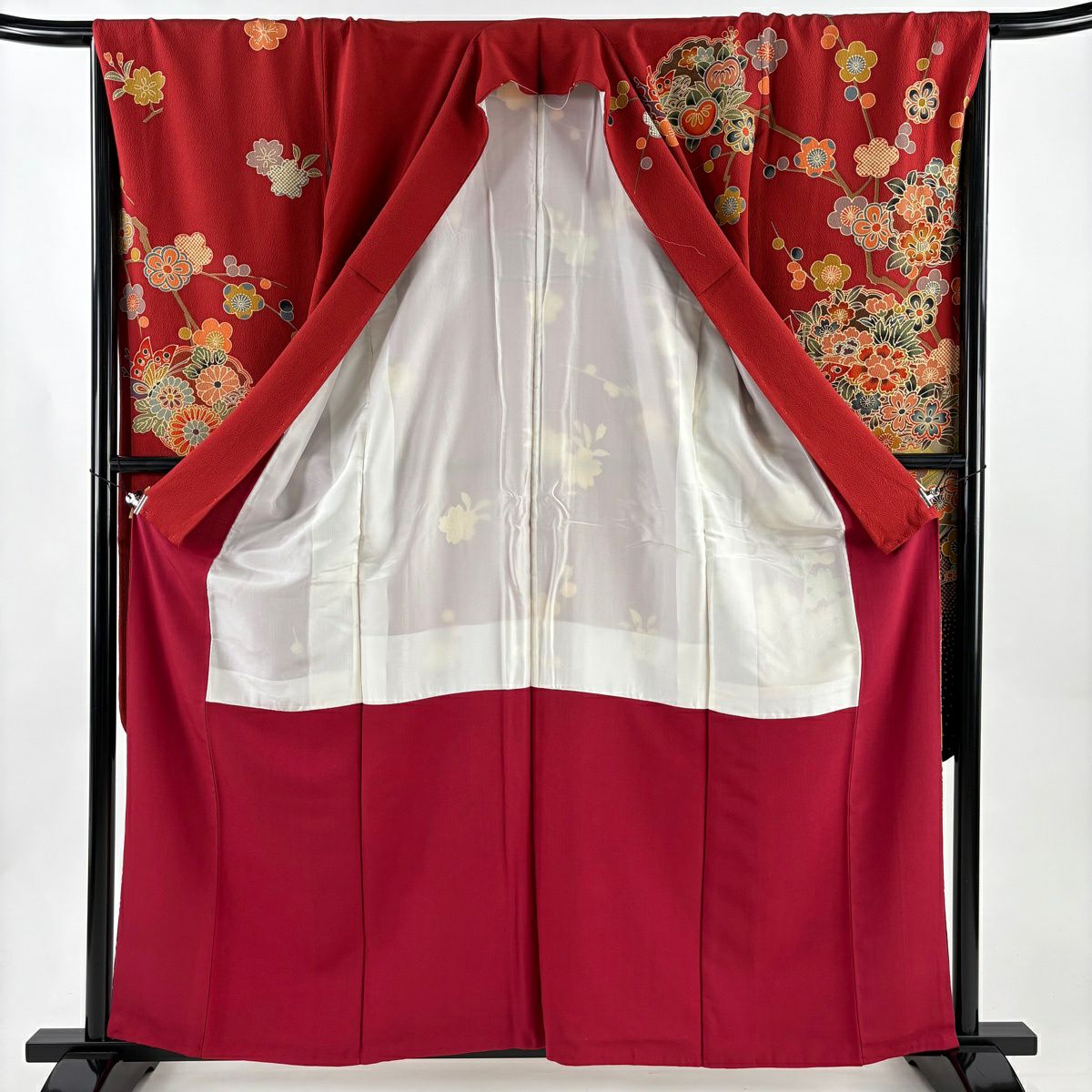 【美品】振袖禮服 身長161cm 袖長67cm M 雙層 枝梅花 蝶朵 漸層 絞織 朱 純蠶絲 名品級