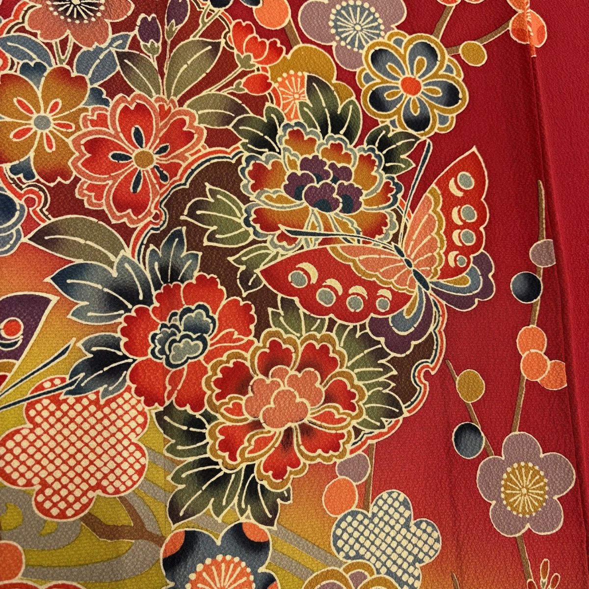 【美品】振袖禮服 身長161cm 袖長67cm M 雙層 枝梅花 蝶朵 漸層 絞織 朱 純蠶絲 名品級