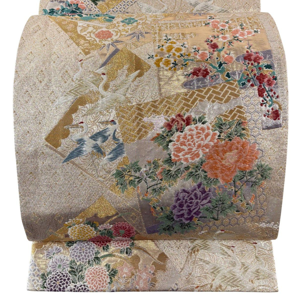 袋帶 秀品級 色紙花鳥紋 金絲 金金箔 金 六通 純蠶絲