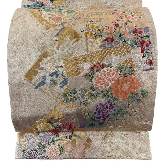 袋帶 秀品級 色紙花鳥紋 金絲 金金箔 金 六通 純蠶絲