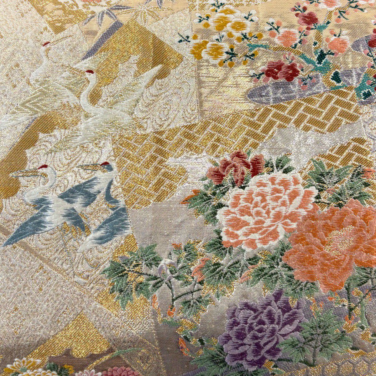 袋帶 秀品級 色紙花鳥紋 金絲 金金箔 金 六通 純蠶絲