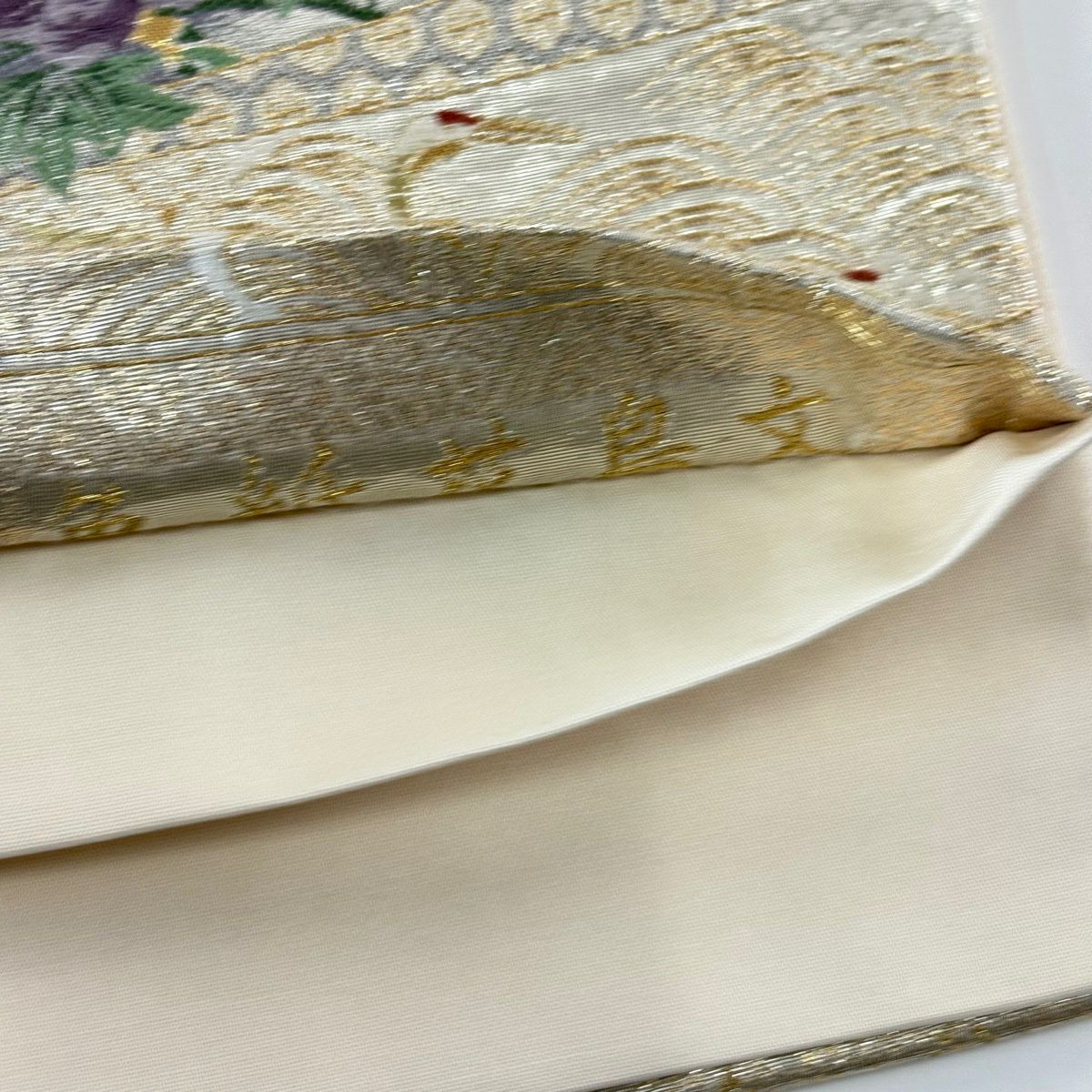袋帶 秀品級 色紙花鳥紋 金絲 金金箔 金 六通 純蠶絲