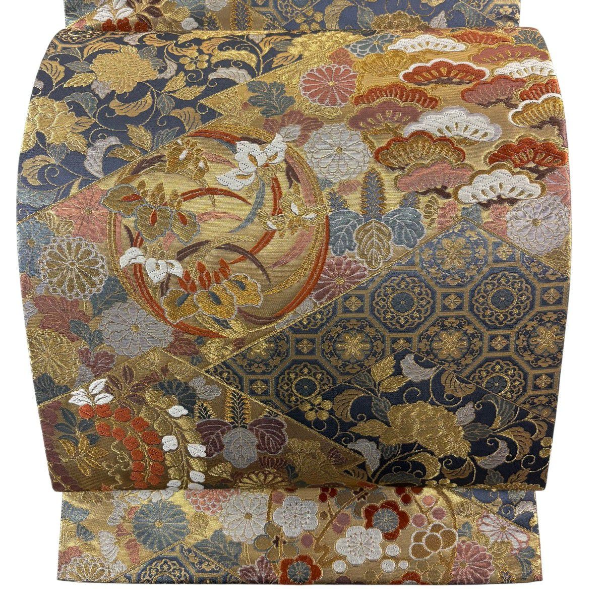 【美品】 袋帶 秀品級 花丸紋 笠松樹 金絲 金金箔 金 六通 純蠶絲