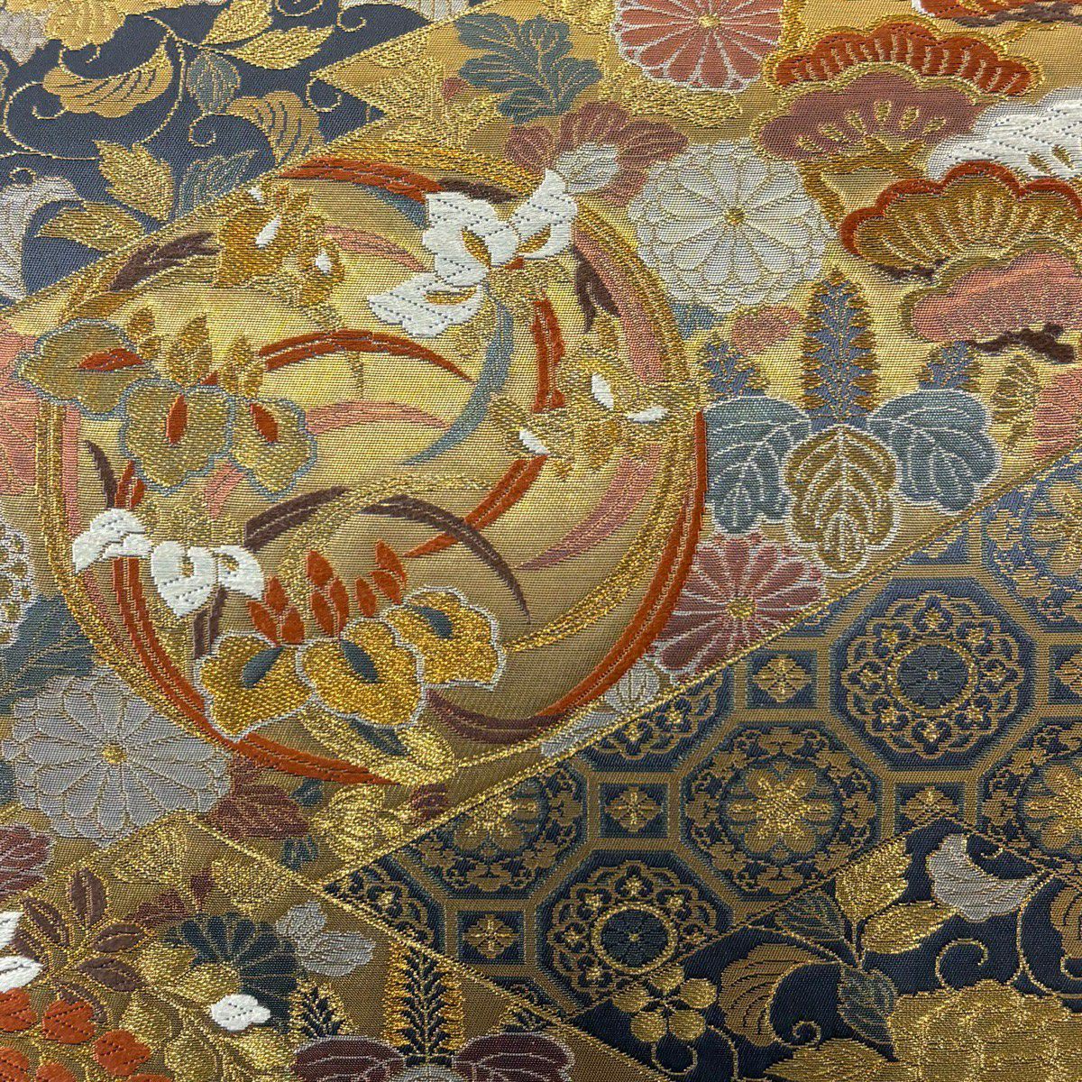 【美品】 袋帶 秀品級 花丸紋 笠松樹 金絲 金金箔 金 六通 純蠶絲