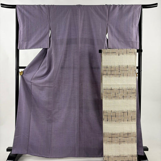 【美品】 紬織 身長167.5cm 袖長66cm M 雙層 名古屋帶套裝 證書齊全 淺紫 純蠶絲 優品級