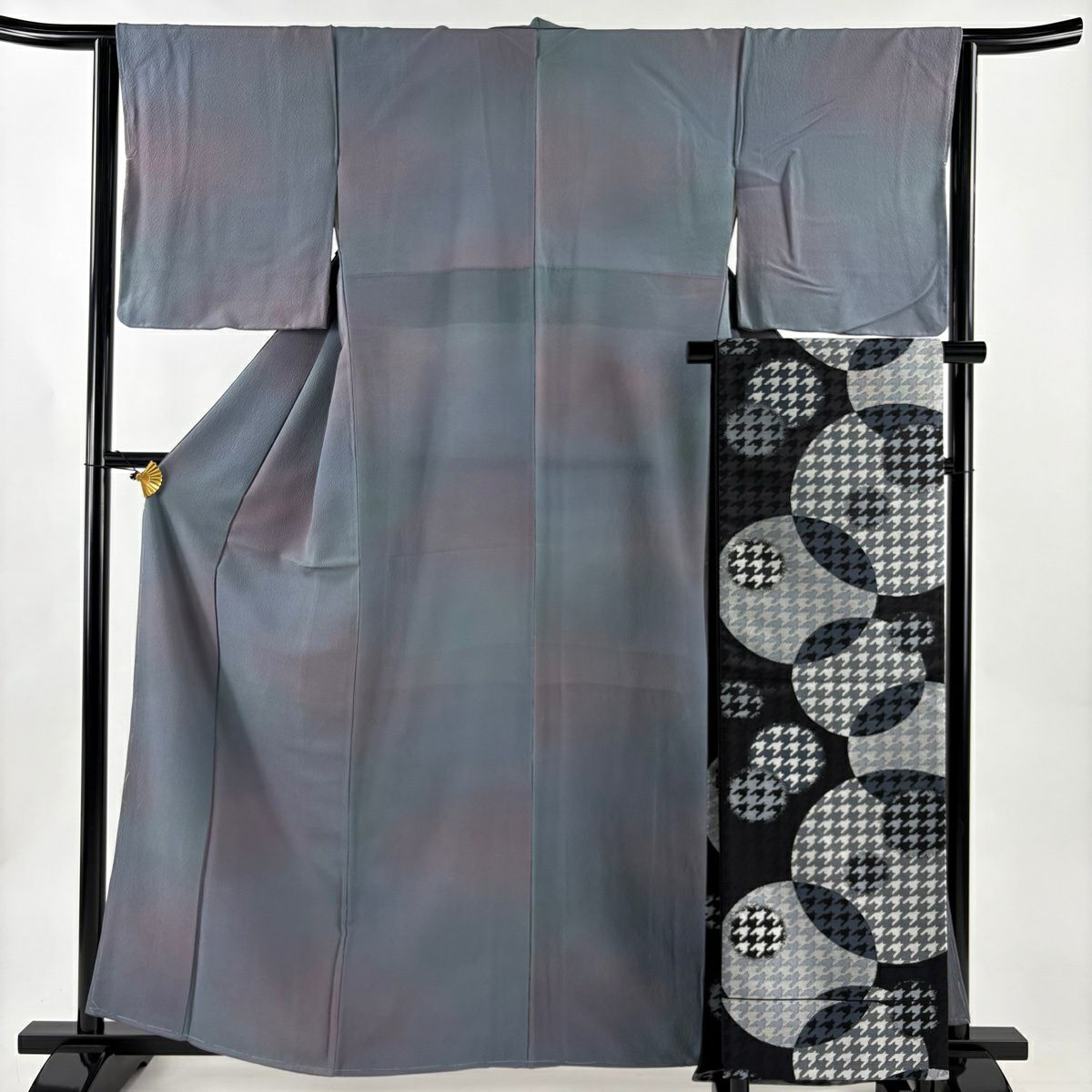 【美品】 小紋 身長161.5cm 袖長64cm M 雙層 斉藤三才 袋帶套裝 落款あり 漸變圖案 灰紫 純蠶絲 優品級